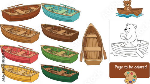 Cartoon wooden boat vector set with colorful rowing boats and coloring page illustration, playful water transport designs for kids, games, education, and prints