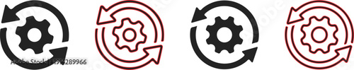 gear refresh cycle icon set in black and red outline for system update process automation and settings reload ui design