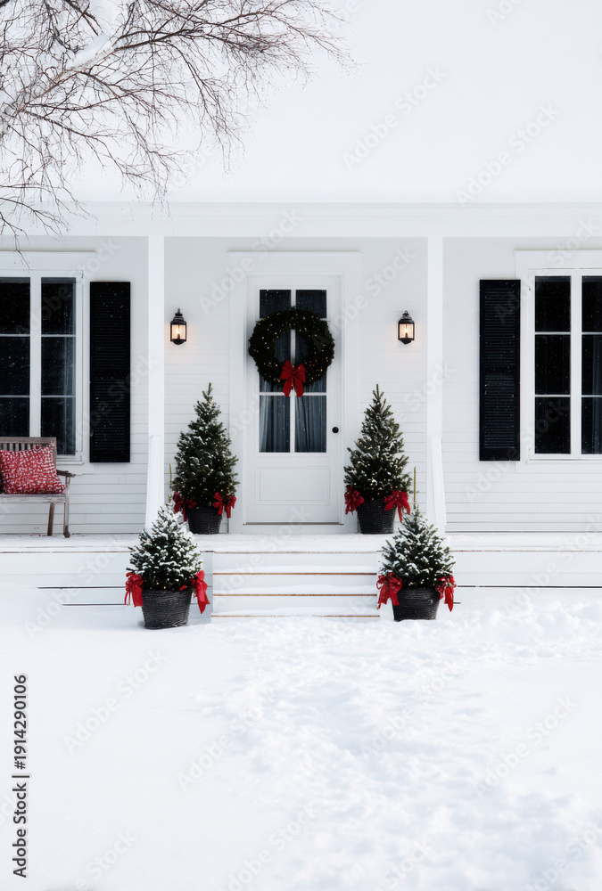 Fototapeta premium Charming white cabin with a bold red door, decorated with Christmas wreath and garlands