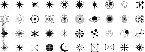 Collection of Celestial and Geometric Symbols Stars, Planets, and Abstract Designs in a Clean Graphic Illustration