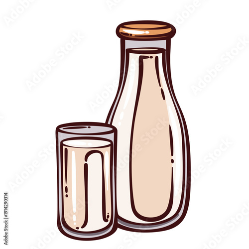 Milk bottle and glass filled with fresh milk, classic dairy drink in retro cartoon style. Farm milk, dairy product, simple shapes, clean outlines. Outline vector illustration.