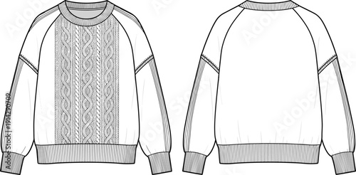 White cable knit sweatshirt vector illustration with raglan sleeves and ribbed cuffs, front and back view fashion technical flat sketch.