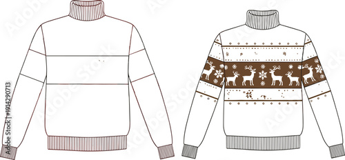 White Knitted Christmas Turtleneck Sweater Technical Drawing Illustration with Brown Reindeer Fair Isle Pattern for Fashion Design Vector Flat Sketch