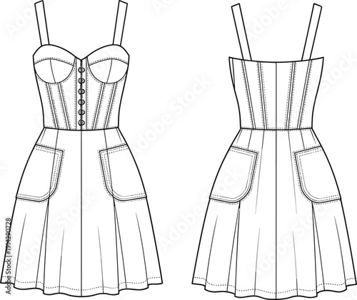 White Women's Corset Style Mini Dress Technical Drawing Illustration with Shoulder Straps and Front Buttons for Fashion Design Vector Template