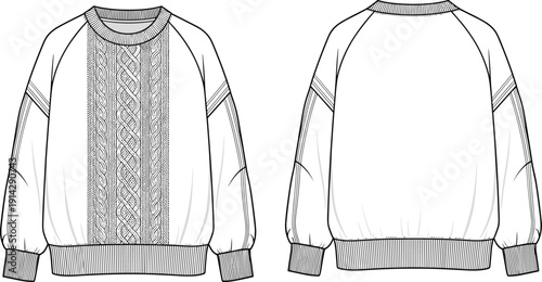 White Women's Crew Neck Sweatshirt Technical Drawing Illustration with Center Front Cable Knit Panel and Raglan Sleeves Fashion Design Vector