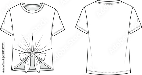 White Women's Crew Neck T-Shirt Technical Drawing Illustration with Front Tie Knot Detail for Fashion Design Vector Flat Sketch Template