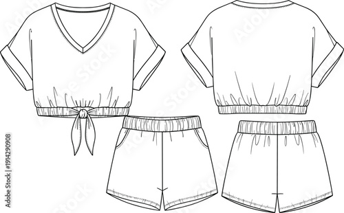 Women fashion technical flat sketch of crop top with front knot and shorts set, vector illustration front and back view.