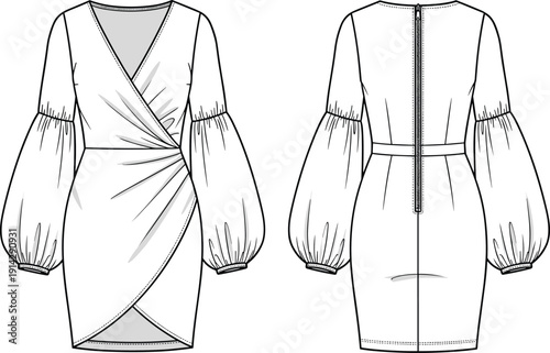 Women V-Neck Wrap Mini Dress Vector Illustration with Puffy Lantern Sleeves Front and Back View Fashion Technical Sketch Flat Template
