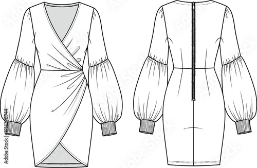 Women V-Neck Wrap Mini Dress Vector Illustration with Puffy Lantern Sleeves Front and Back View Fashion Technical Sketch Flat