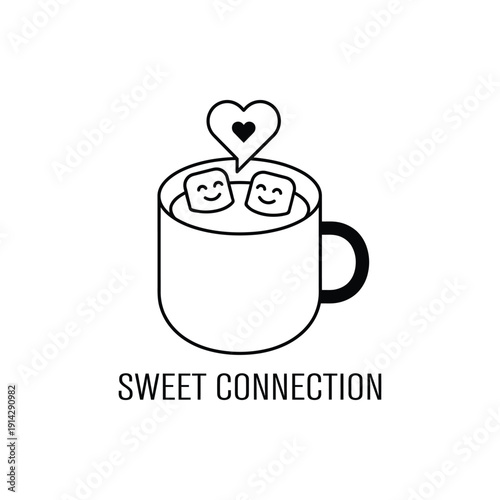 A sweet connection illustration featuring a mug with two smiling marshmallows and a rising heart Vector