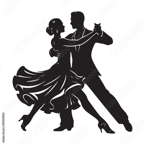 Artistic tango dance silhouette with elegant script text, passionate couple performing.