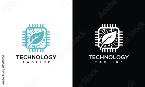 Green Technology Logo Sustainable Tech Leaf  Circuit Board Icon Design.