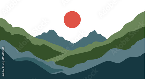 Japan flag above a misty mountain landscape at sunrise vector illustration