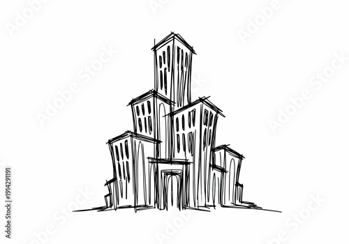 A stylized black and white sketch of a cluster of tall, modern buildings, conveying a sense of urban architecture and cityscapes with a hand-drawn aesthetic