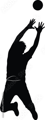 Man in mid-air silhouette attempts to catch a ball with outstretched hands dynamically