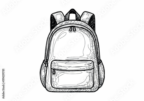 A hand-drawn sketch of a classic backpack with two shoulder straps and multiple pockets, perfect for school or travel