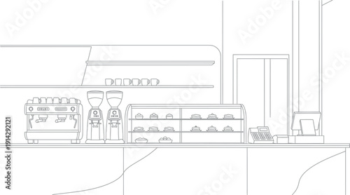 Black and white outline drawing depicting a fully equipped professional coffee shop counter setup featuring an espresso machine grinders and a display case of pastries