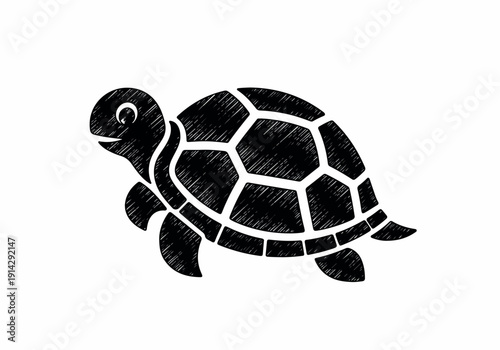 A detailed black and white sketch of a turtle with a textured shell and distinct legs, showcasing its cute and charming appearance in a simplistic yet artistic representation