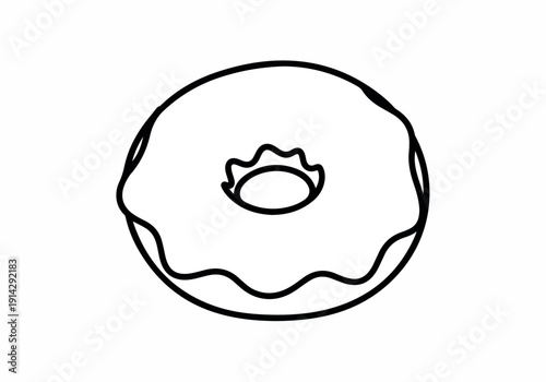 A simple black and white outline illustration of a classic round donut with a hole in the center and wavy frosting on top, perfect for bakery menus or food graphics