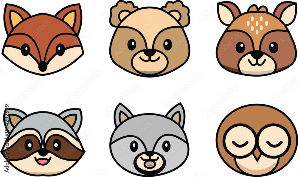 Fototapeta premium Cute Fox Bear Deer Raccoon Wolf Owl Characters
