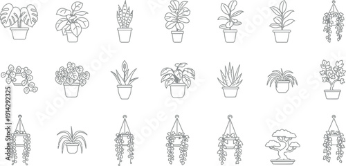Collection of twenty potted houseplant icons featuring various indoor flora like monsteras snake plants succulents and hanging greenery presented in a simple black line art style set