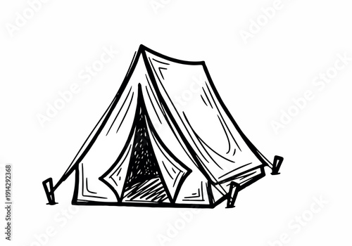 Illustration of a classic camping tent with poles and stakes, perfect for outdoor adventures and camping trips