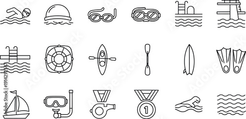 Collection of black outline icons representing various water sports swimming accessories and aquatic activities perfect for summer recreation design themes