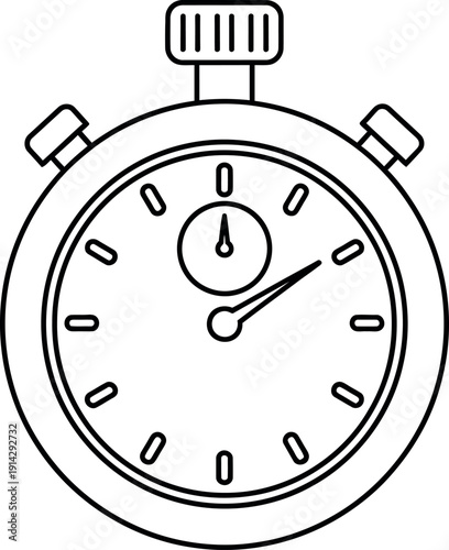 Simple black and white line art icon depicting a classic stopwatch measuring elapsed time for sports events competition or precise timing tasks in isolated white background.