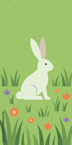 Conejo blanco sentado en un prado verde con flores de colores en un paisaje primaveral