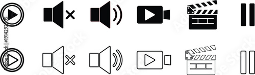 Set of black and white for media playback and production play button pause button volume up volume down