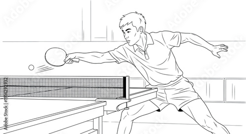 Athletic young man intensely focused on striking a small ping pong ball across the net during a competitive table tennis match illustration outline