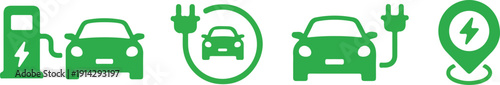 green electric vehicle ev charging icon set with plug station refresh and location pin for eco transport and clean energy design