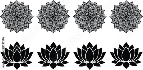 Mandala and lotus flower silhouette set, decorative ornamental yoga symbol collection in black isolated on white background