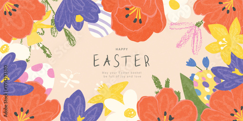Horizontal Easter banner backdrop in artistic grainy texture style with border of spring flowers and decorated eggs for website header or seasonal marketing, vector illustration