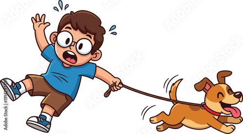 Funny Cartoon Boy Being Pulled by Energetic Puppy on Leash for Pet Care Concepts, Animal Training Illustrations, and Humorous Domestic Life Graphics