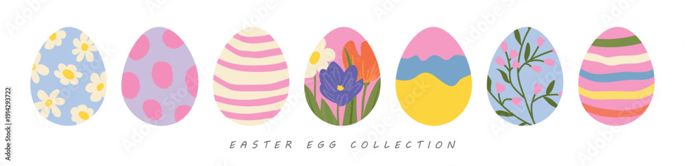 Obraz premium Set of artistic Easter egg designs in a flat, modern style, featuring flowers and abstract patterns. Vector elements for holiday cards or posters.