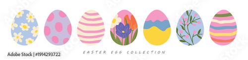 Set of artistic Easter egg designs in a flat, modern style, featuring flowers and abstract patterns. Vector elements for holiday cards or posters.