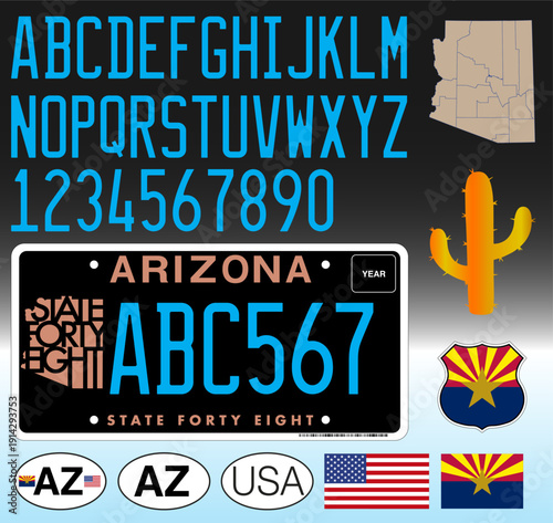 Arizona State special car license plate pattern State Forty Eight, letters, numbers and symbols, vector illustration, USA, United States of America