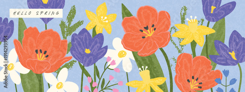 Horizontal spring banner in a picturesque style with various flowers. Floral background with a grainy texture for a website or seasonal advertising, vector illustration.