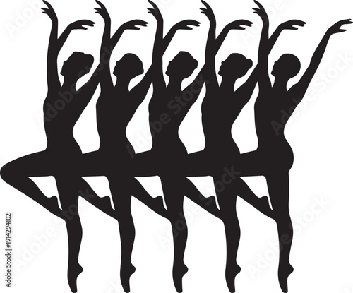 Silhouette of five dancers with arms raised in a line on white background ballet desi