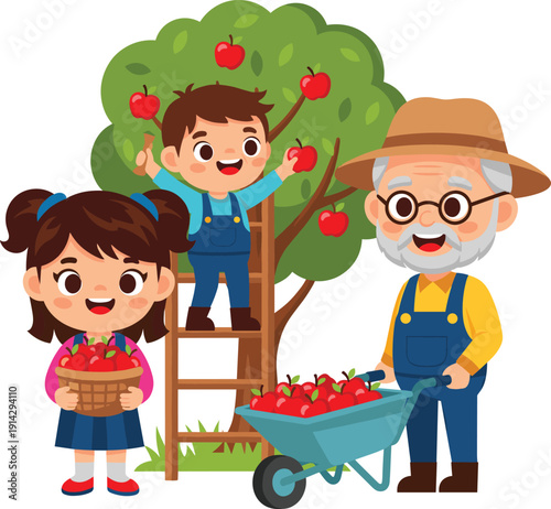 Happy Family Picking Apples in Orchard with Grandfather and Children Harvesting Red Fruits from Tree for Autumn Season and Agriculture Education Designs