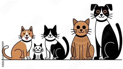 Group of cats sitting together isolated on transparent background.
