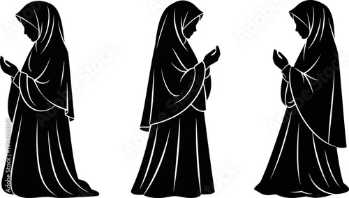 Muslim Woman Praying Silhouette Set in Hijab and Abaya Isolated on White Background for Ramadan Religious Design