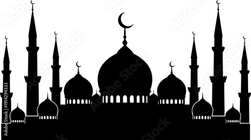 Islamic Mosque Silhouette with Crescent Moon Domes and Minarets Isolated on White Background for Ramadan Eid Design