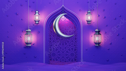 Violet Islamic interior with ornate window, hanging silver moon and lanterns background. Ramadan Kareem Islam backdrop with magic sparks. Holiday elegant concept.