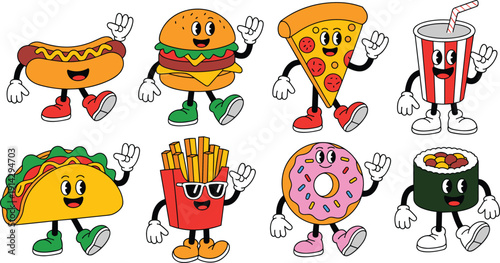 Cute fast food mascot character vector set, cartoon burger pizza taco fries drink sushi illustration bundle pack