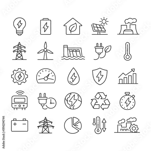 Renewable energy icons: solar panels, wind turbines, electric plug, graphs, and thermometer.