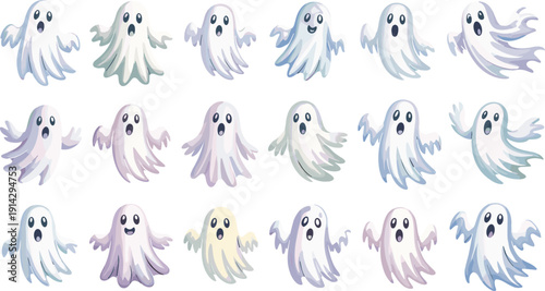 Cute ghost cartoon vector set, spooky Halloween spirits collection, funny flying phantom characters bundle, scary kawaii illustration pack