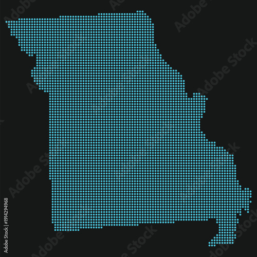 Missouri Light Blue Point Grid Map on Black: Kansas City AI Factories and Meta Clusters. Missouri state dotted map.