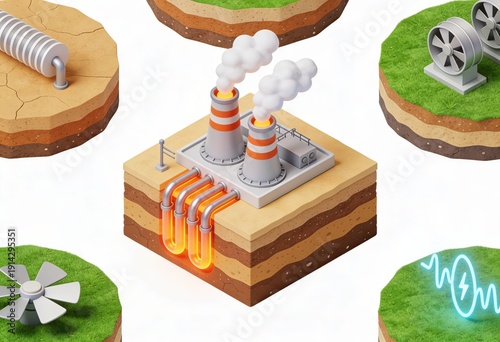 Innovative energy generation conceptual illustration showcasing a power plant structure with intricate pipelines emitting steam against a layered earth backdrop highlighting sustainability